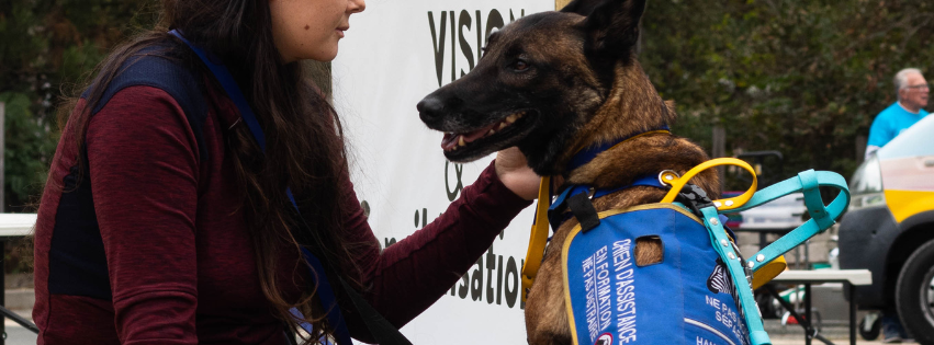 Photo d'une rencontre de bénéficiaire de chien guide et de son chien guide lors de la journée portes ouvertes de septembre 2025