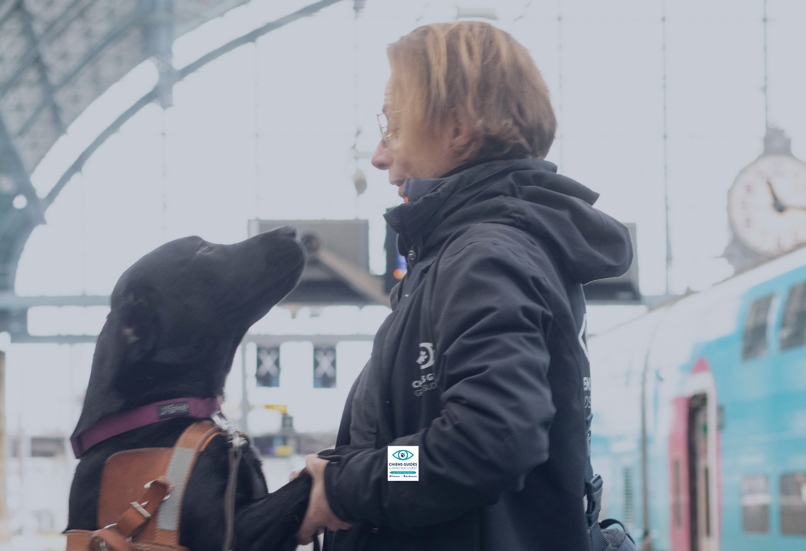 Photo de Christelle et Virgule lors d'une séance d'éducation à la gare saint jean à Bordeaux pour illustrer l'article de blog : L’histoire et l’évolution des chiens guides en France